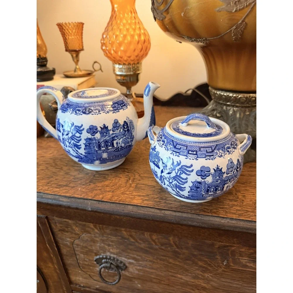 Vintage Old Hall Blue Willow Teapot & Sugar Bowl Set Staffordshire England